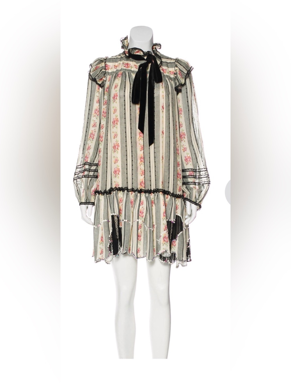 Marc Jacobs Cream Striped Floral Long-Sleeve Mini Dress with Black Velvet Bow 4